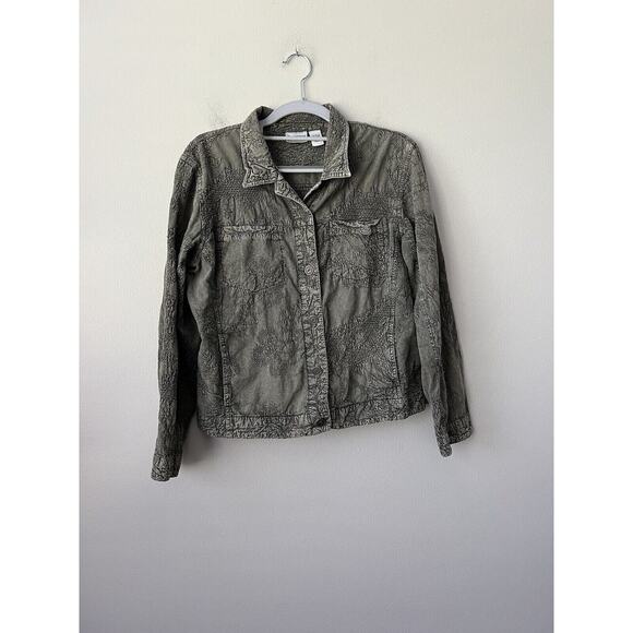 Chicos Jacket Womens Medium Green Embroidered Button Down Textured Pockets Boho - Picture 7 of 13